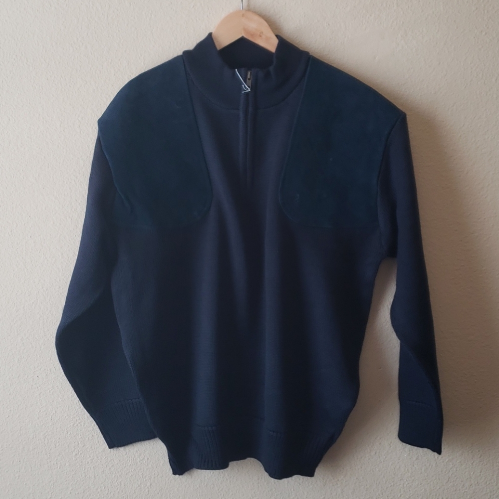 Navy Blue Half Zip Sweater with Suede Shoulder Patches